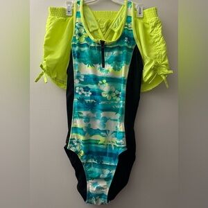 Girls Floral Swimsuit with Neon Shorts XL 16